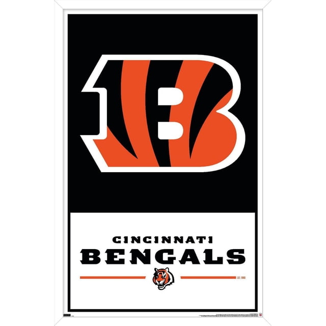 NFL Cincinnati Bengals - Logo 21 Wall Poster with Magnetic Frame, 22.375" x 34", featuring a large orange and black striped 'B' logo on black background above bold 'CINCINNATI BENGALS' text with a small tiger head logo and orange lines on white, framed in white, ideal for sports-themed room decor.