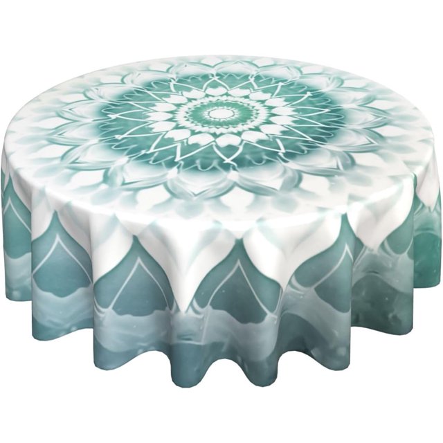 Teal Mandala Round Tablecloth 60 Inch Washable Reusable Decoration Table Cover for Kitchen Party