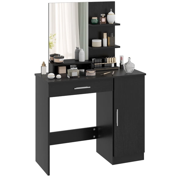 HOMCOM Coiffeuse, Table de Maquillage avec Miroir et Étagères de Rangement, Noir