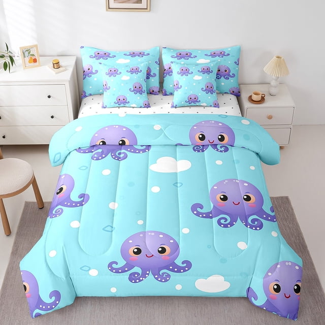 YST Kids Kawaii Octopus 7-Piece Comforter Set, Cute Sea Animal Bed In A Bag, Queen