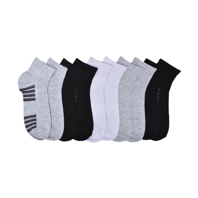 Athletic Works Ladies 10pk Ankle Socks showing ten pairs in grey, black, and white with a varsity ankle design, crafted from a soft 97% polyester and 3% spandex blend for a comfortable, stretchy fit, suitable for women's shoe sizes 4-10 and versatile for athletic or casual use.