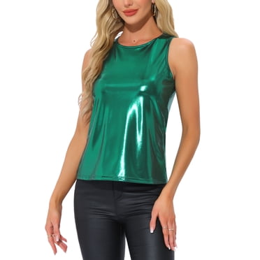INSPIRE CHIC Halloween Metallic Tank Top for Women's Sleeveless Club Party Shiny Shirt M Shiny Green