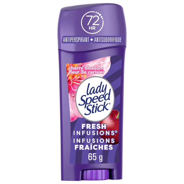 Déodorant antisudorifique Lady Speed Stick Fresh Infusions pour femmes, protection de 72 heures contre les odeurs et la transpiration, Invisible Dry, parfum Fleur de cerisier, bâton de 65 g