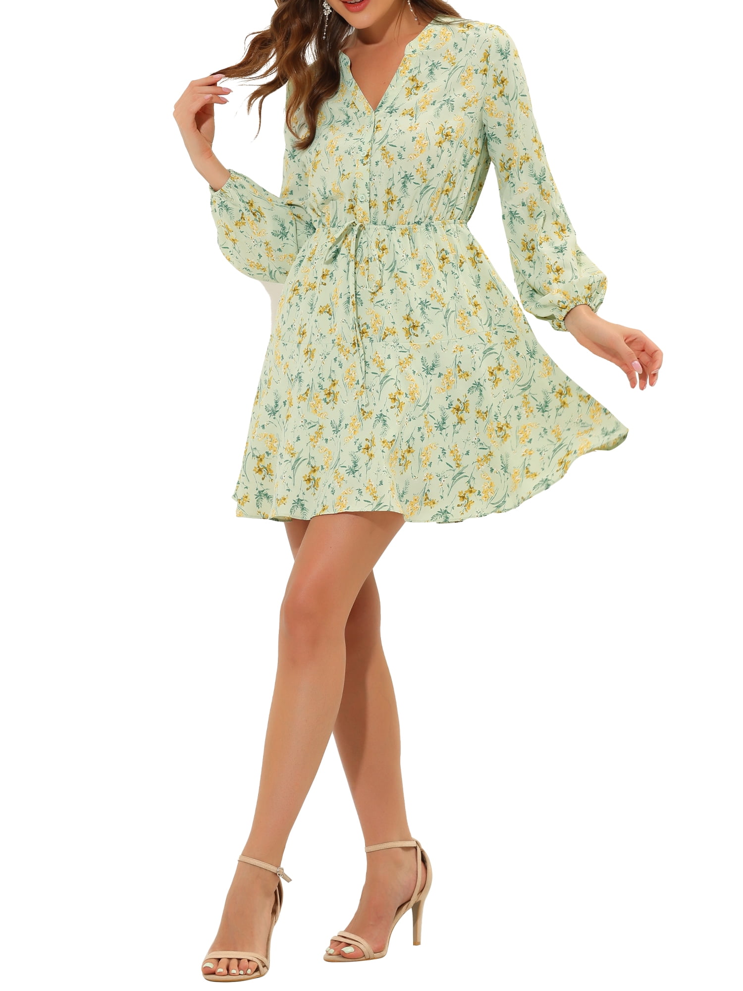 INSPIRE CHIC Women's V Neck Floral Print Elastic Waist Button Down A-Line Mini Midi Dress XS Light Green