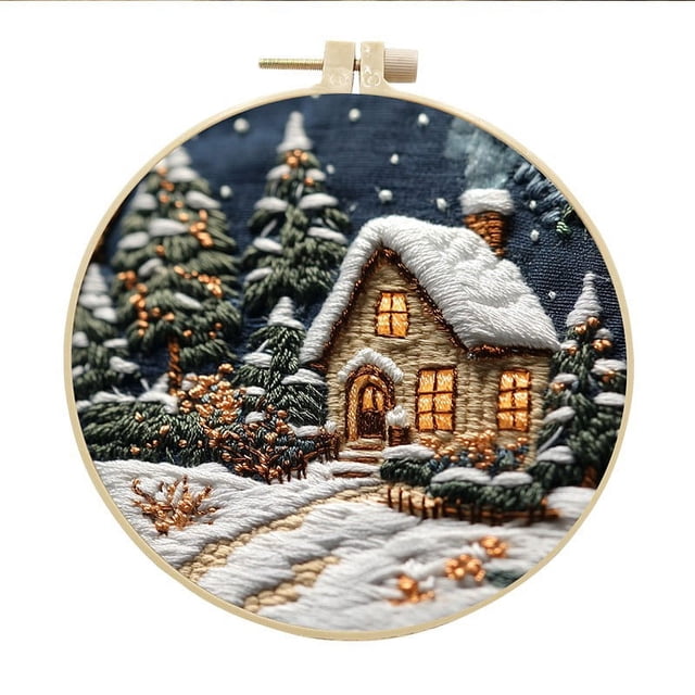 Yhmxh Kit de Broderie de Noël avec Cerceau de Broderie 2025 Kit de Broderie Facile pour Débutants et Adultes Village Enneigé d'Hiver Kit de Cerceau de Broderie Complet avec Aiguilles Déco de Fête de Noël