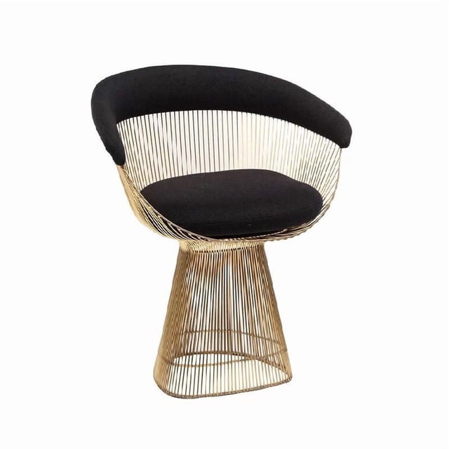 Plata Décor Import Golden Planter Dining Chair with gold wireframe base and backrest, curved design, and black cushioned seat and backrest, measuring 29 x 27 x 23 inches, ideal for kitchen and dining seating and often used as stylish accent seating.