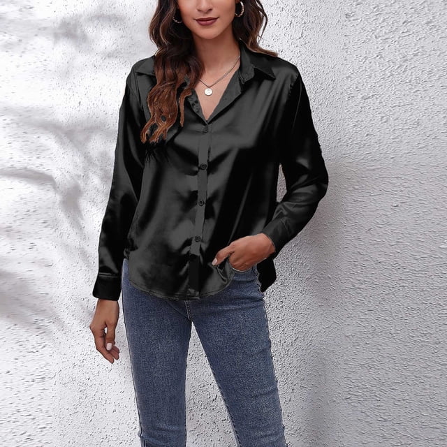 Heliisoer Women Satin Long Sleeve Button Down Work Blouse Tops Going T-Shirt