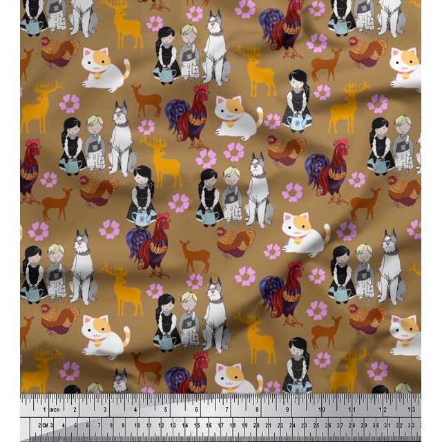 Soimoi Velvet Fabric Reindeer,Hen & Cock Bird Print Sewing Fabric Yard 58 Inch Wide