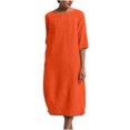 thumbnail image 2 of Robe en Coton et Lin pour Femmes Grande Taille Manches 3/4 Col Rond Coupe Ample Droite Unie Midi, 2 of 4