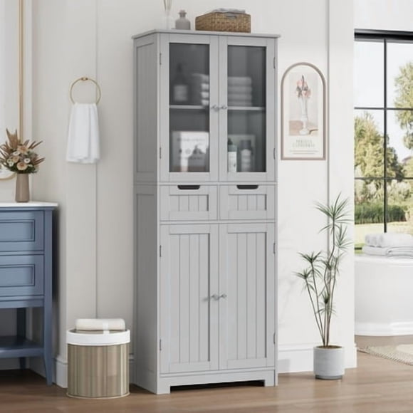 Homfa 4 Doors Bathroom Cabinet, 3-Tier Wood Tall Linen Storage Cabinet with 2 Drawers for Living Room, Grey