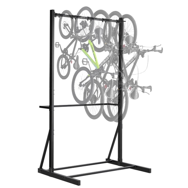 VEVOR Freestanding Bike Rack Max 5 Bikes Storage Bicycle Organizer Standing Bike Rack in textured black. This carbon steel rack holds up to 5 bikes of various sizes, including kids' bikes, commuter bikes, and mountain bikes, with a total weight capacity of 300 lbs. The freestanding design features a sturdy frame with a thickened bottom bracket for stability, requiring no wall drilling. Ideal for garages, living rooms, or porches, it includes hooks and assembly tools for easy setup.