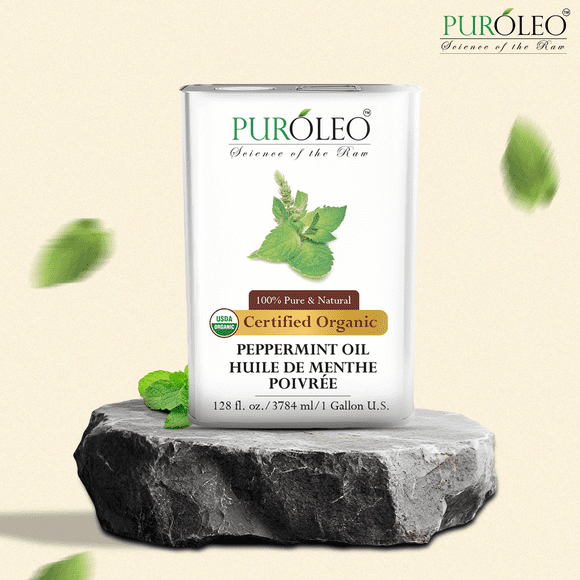 PUROLEO Organic Peppermint Essential Oil 128 Fl Oz/3785 ML (Packed in Canada) – 100% Pure & Natural, Therapeutic Grade for Aromatherapy, Massage, Diffuser & Skin Care