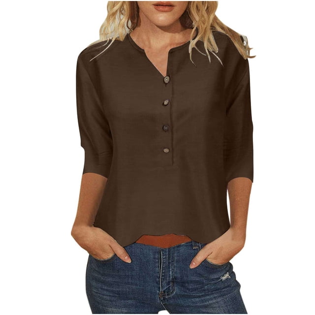 Polyester Cotton Tops Woman 3/4 Length Sleeve Henley Tee Shirts Button Loose Casual Summer Spring Clothes (Large, Coffee)