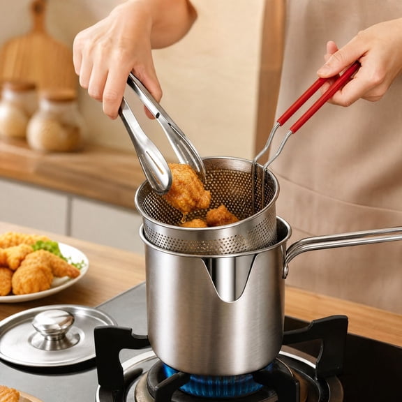 Stainless Steel Deep Fryer Pot Set, 4 Pieces Small Deep Frying Pot with Basket Lid and Tongs, Home Kitchen Fryer for French Fries Chicken