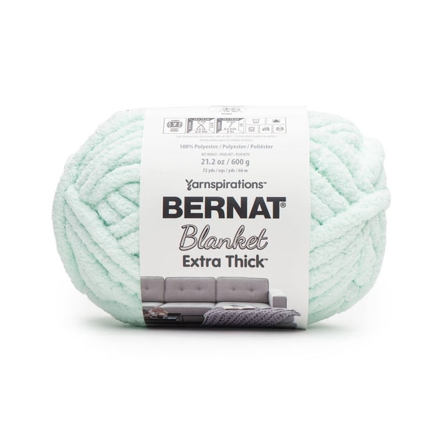 Bernat® Blanket Extra Thick™ #7 Jumbo Polyester Yarn in Ice, 21.2 oz/600 g, 72 yards, shown as a large skein of soft chenille polyester yarn with a white label displaying brand and product details, ideal for quick knitting and crochet projects.