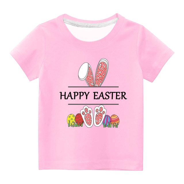 Penkiiy T-Shirts de Pâques pour Enfants Garçons Filles Mode Mignon Oreilles de Lapin de Pâques Œufs de Pâques Imprimé Col Rond Manches Courtes 5 Ans Rose