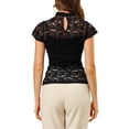 thumbnail image 3 of INSPIRE CHIC Women's Keyhole Back Top Short Sleeve Stand Collar Semi Sheer Blouse M Black, 3 of 7