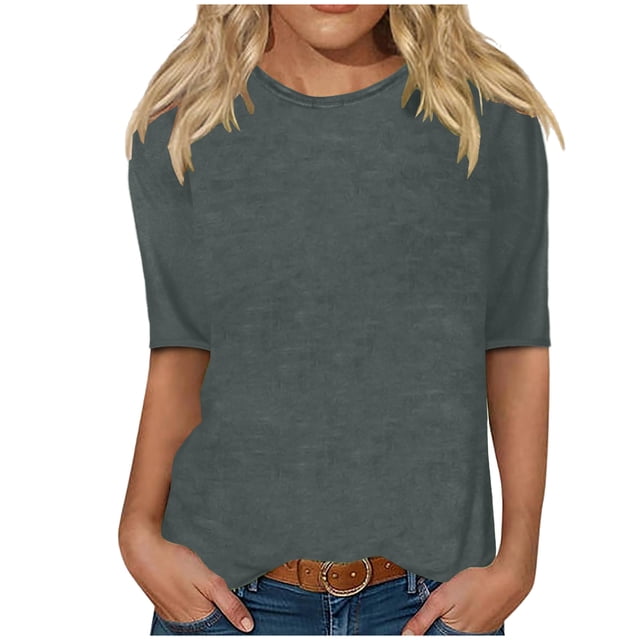 RKSTN Womens Tops Spring and Summer Half Sleeves Round Neck Casual Shirts Pullover Temperament Solid Color Slim Fit Blouse Tops