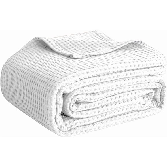 Couvertures 100 % Coton Format Grand Lit pour Lit - Couvertures à Tissage Gaufré pour l'Été, Couverture Tissée Douce Légère et Respirante pour le Printemps, Blanc, 90x90 Pouces (Blanc, Très Grand (90 Pouces x 108 Pouces))