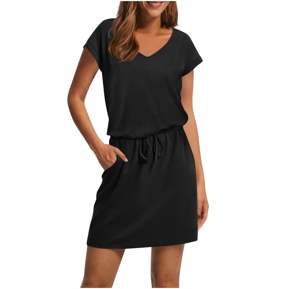 FRSASU T Shirt Dresses for Women Trendy Tie Waist Striped Dress with Pockets Casual Crewneck Short Sleeve Midi Dress Black