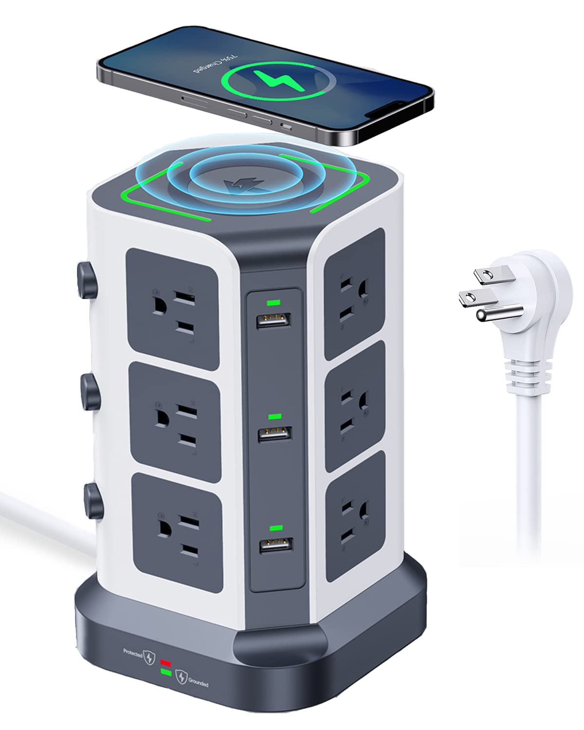 KOOSLA Power Strip Tower, [15W] Wireless Charger Surge Protector - 12 AC Multiple Outlets & 6 USB Ports, 6.5ft Extension Cord Cha