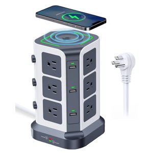 KOOSLA Power Strip Tower, [15W] Wireless Charger Surge Protector - 12 AC Multiple Outlets & 6 USB Ports, 6.5ft Extension Cord Cha