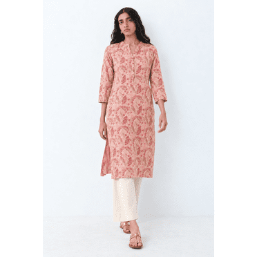 DWEEP SARA Kurta Droit Imprimé Floral Pêche pour Femmes TTG/44 Tunique Ethnique en Viscose Rayonne Manches 3/4 Col Rond Longueur Mi-Mollet