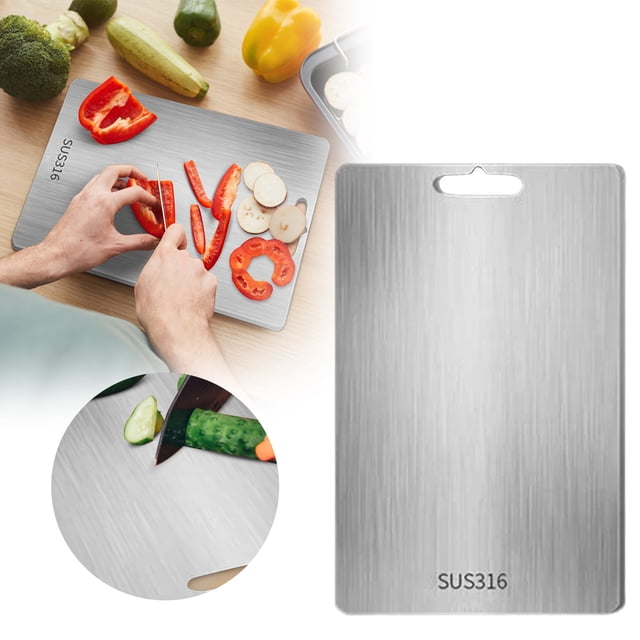 Chef Grade Stainless Steel Cutting Board with a heavy-duty rectangular design, shown in a brushed metal finish. The board features a durable 316 stainless steel construction, providing a stable surface for food preparation tasks such as chopping vegetables and slicing fruits. The image highlights its ample workspace and integrated handle for easy portability. A close-up inset showcases precise cutting on the board. Ideal for home kitchens, this cutting board is resistant to stains, odors, and warping.