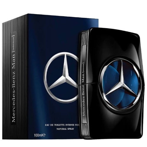 Mercedes Benz Man Intense EDT For Him 100 ml / 3.4 Fl.oz. fragrance bottle and packaging. The bottle features a sleek black design with the iconic Mercedes-Benz logo in silver and blue. The packaging complements the bottle with a dark blue and black colour scheme, showcasing the product name and logo prominently.