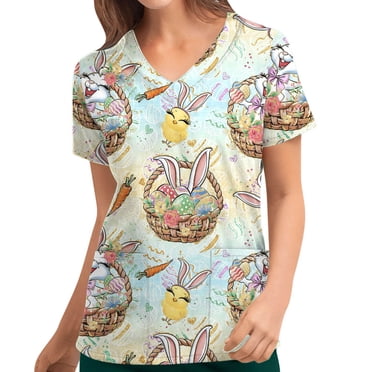 EGNMCR Easter Bunny Eggs Print Womens Scrubs Nurse Scrubs Women's Fashion Easter Rabbit Print V-neck Short Sleeve Pocket Workwear Top Tops For Women