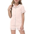 thumbnail image 1 of Kids Girls Silk Pajamas Set Solid Printed Button Down Tops With Shorts 2PCS Summer Classic Pajamas Set Cute Pjs For Girls 6-7, 1 of 3