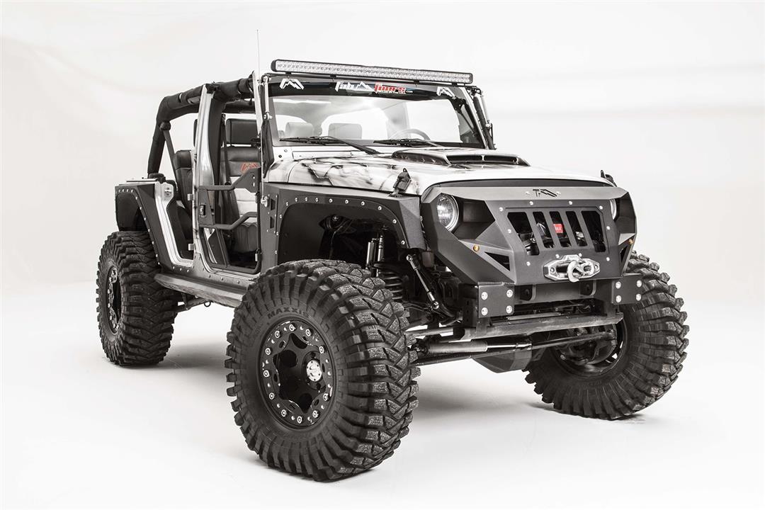 Fits 2007-2018 Jeep Wrangler JK Fab Fours Bumper GR1000-1 Grumper; One Piece Stubby Design; Direct Fit; Mounting Hardware Included; With Grille; With Internal Winch Mount; With D-Ring Mounts