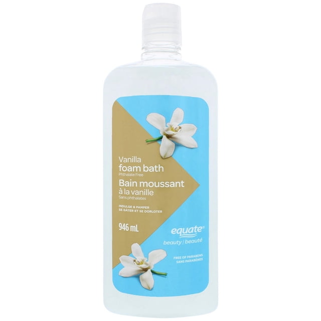 Equate Vanilla Foam Bath in a clear 946 mL plastic bottle with a white flip cap, featuring a blue and gold label with white vanilla flowers, phthalate-free and paraben-free bubble bath for soothing bath and body care with long-lasting bubbles.