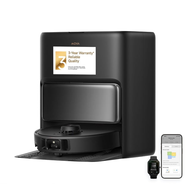 MOVA P50 Pro Ultra Robot Vacuum & Mop shown with its docking station and app interface. This advanced robot vacuum cleaner features auto removable mop, 19k Pa suction, 75℃ hot water self-washing, auto empty and refill, and zero-tangling brush. Compatible with Alexa and Google Home, it offers efficient floor care with corner-to-edge cleaning and smart detection.