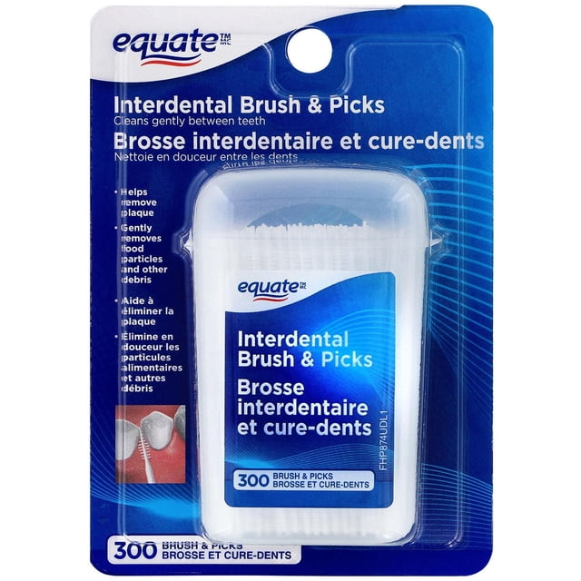 Equate Interdental Brush & Picks pack containing 300 disposable brushes designed for gentle plaque removal and food particle cleaning between teeth to support oral hygiene, shown in bilingual blue and white packaging.