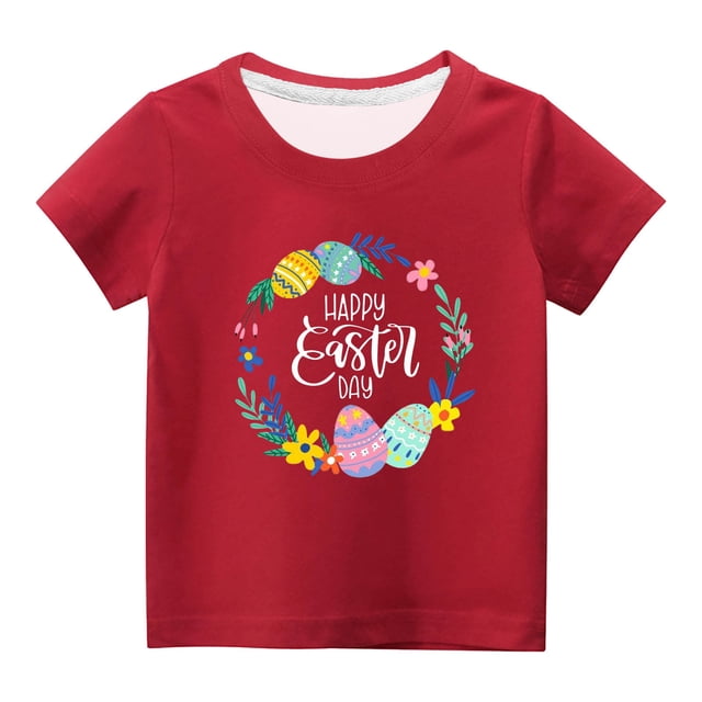 Penkiiy T-Shirts de Pâques pour Enfants Tout-Petits Garçons Filles Mode Pâques Mignon Fleur Oeufs de Pâques Imprimé Col Rond Imprimé Manche Courte Haut 9 Ans Rouge