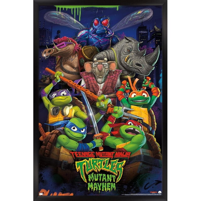 Teenage Mutant Ninja Turtles: Mutant Mutante Mayhem - Affiche Murale de Groupe Mettant en Vedette Leonardo, Donatello, Michelangelo et Raphael avec des Armes, aux Côtés de Splinter, Bebop, Rocksteady et une Grande Mouche Bleue, dans un Paysage Urbain Sombre avec graffiti Vert Néon, Imprimée sur Papier d'Affiche Brillant Idéale pour l'Art Mural et la Déco de Chambre.