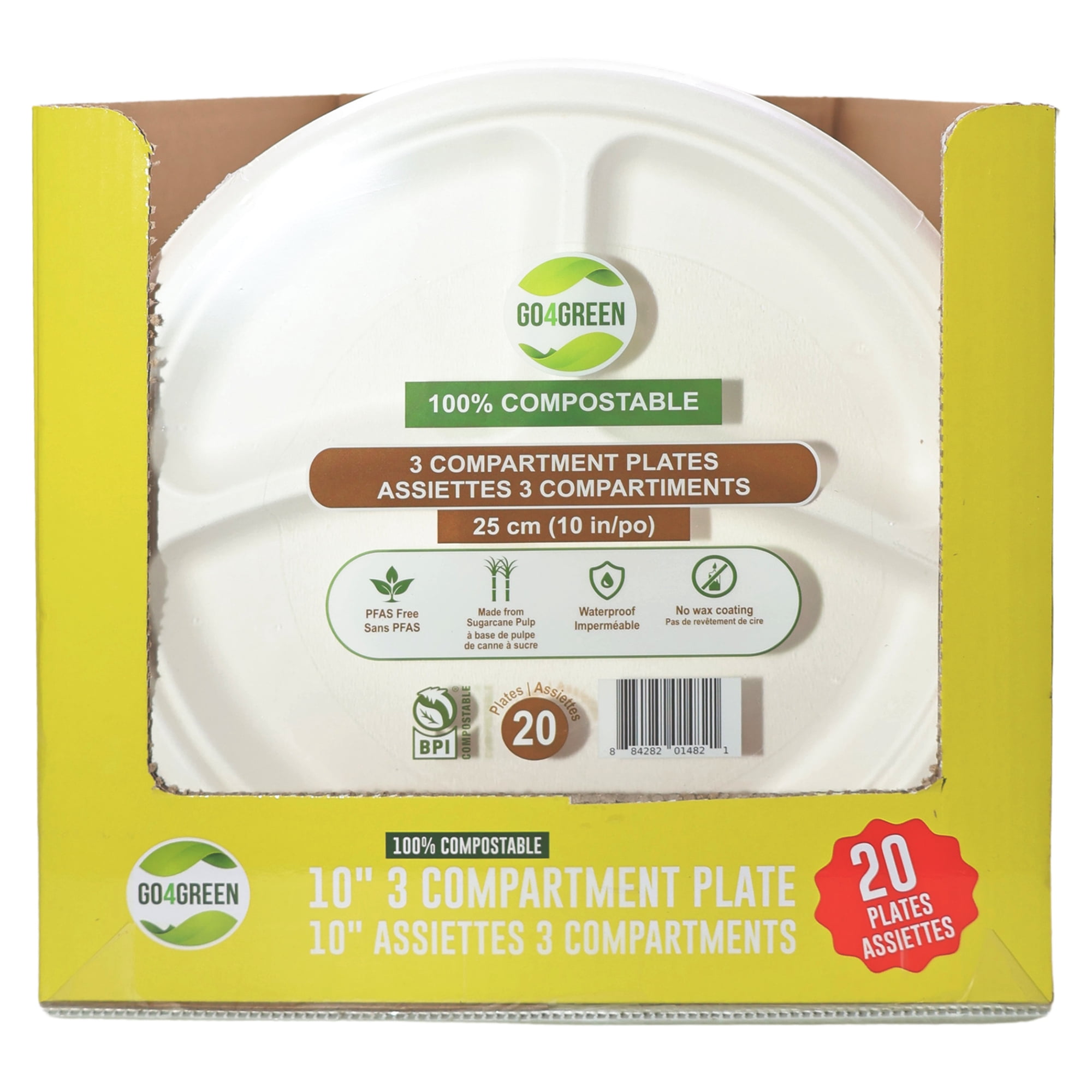 Go4Green Assiettes 3 Compartiments Compostables de 10 Po, 20 Pcs