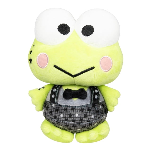 Hello Kitty and Friends 8” Plush Series 2 - Keroppi is an 8-inch front-facing plush frog with large white eyes, black pupils, light green soft fabric, pink embroidered cheeks, and a black embroidered mouth. It wears star and lightning bolt-patterned grey bottoms with suspenders, a grey tank top, a black bow tie, and has small black tattoo details on its arms. This soft plush with embroidered details is suitable for ages 6 and up and often used as a collectible plush toy.