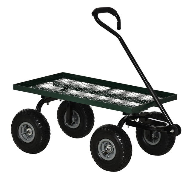 Outsunny Chariot Robuste Garden Wagon d'Une Capacité de 330 Lb, Illustré en Noir. le Chariot Présente un Cadre en Acier Robuste avec un Plateau en Treillis, une Poignée Rembourrée pour une Prise Confortable, et Quatre Pneus Pneumatiques en Caoutchouc pour un Mouvement Fluide sur Divers terrains. les Roues avant Sont Multidirectionnelles pour une Maniabilité Accrue. Idéal pour Transporter de Lourdes Charges Lors de Tâches de Jardinage Ou pour Déplacer des Articles à la Maison Ou au Lieu de Travail.