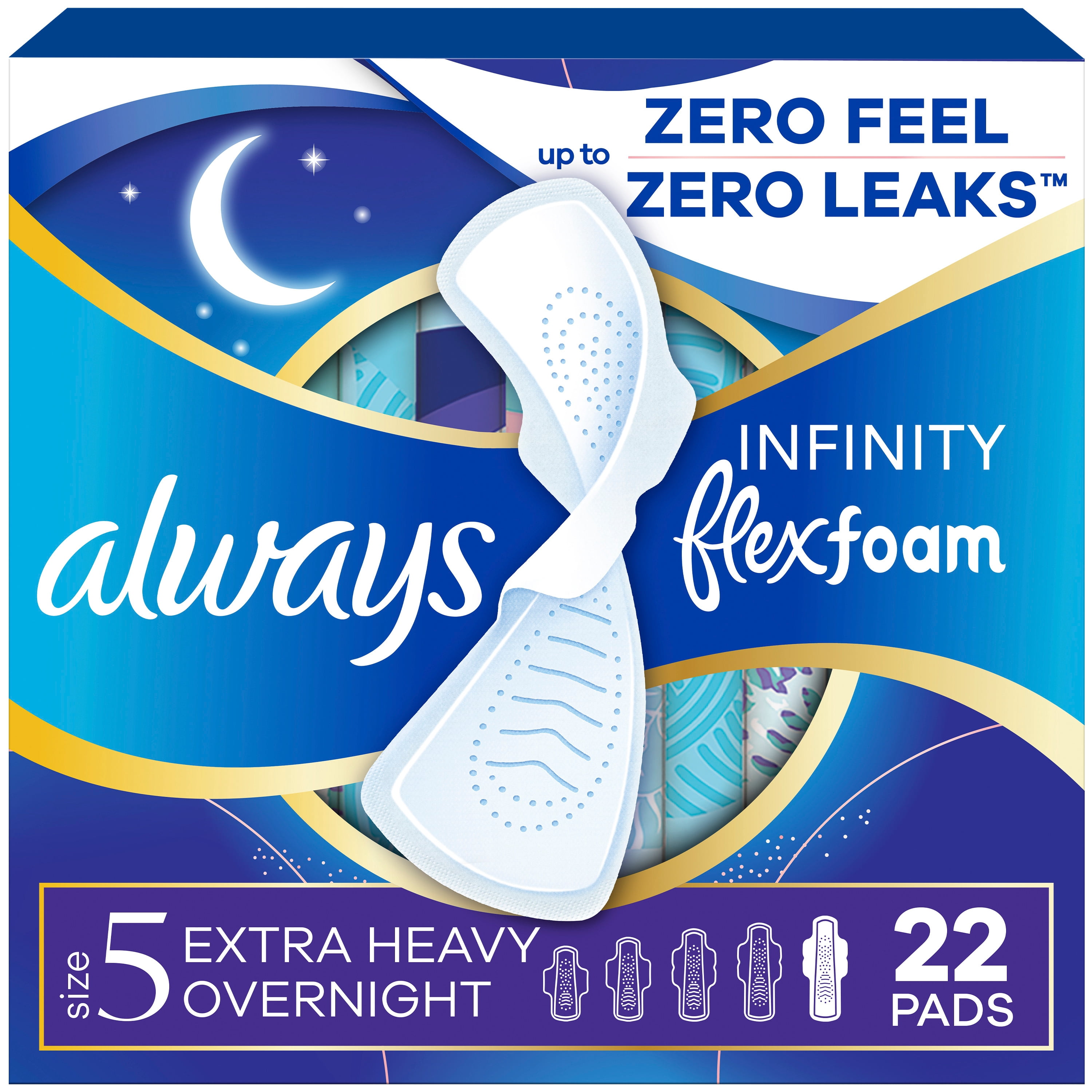 Serviettes Always Infini FlexFoam pour femmes, taille 5, de nuit, flux très abondant, avec ailes, sans parfum, 22 serviettes