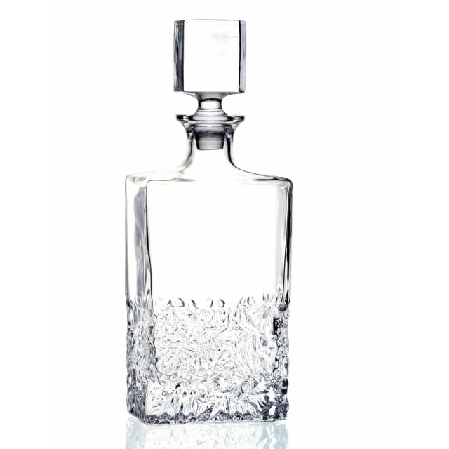 Carafe à Whisky Glacé 0,75 Litre avec un Corps en Cristal Carré Transparent Sans Plomb Présentant un Motif Glacé Texturé sur la Moitié Inférieure et un Bouchon Carré, Vaisselle de Bar Idéale pour Whisky, scotch, bourbon Ou Vin, Souvent Assortie à des Articles en Cristal Givré pour une Touche Moderne.
