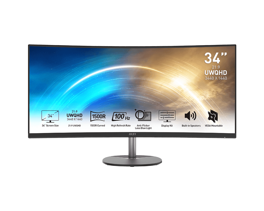 MSI 34" Business Monitor PRO MP341CQ, 3440 x 1440(UWQHD) VA, 100Hz, 1500R Curved, TUV Certified Eyesight Protection, 4ms, Displayport, HDMI, Tilt, (Black)