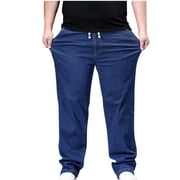 JMYHOAM Jeans for Men Men's Plus Size Straight Tube Elastic Waist Drawstring Pocket Loose Wide Leg Jeans
