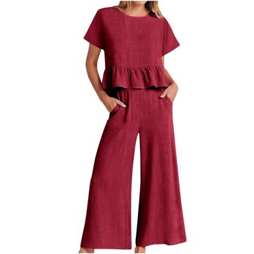 Ensembles Assortis pour Femmes Tenues d'Été Ensemble de Vêtements pour Femmes Femme Col Rond Manches Courtes Hauts Pantalons Ensembles Style Pantalon Long P_468 Survêtements pour Femmes Rouge TG