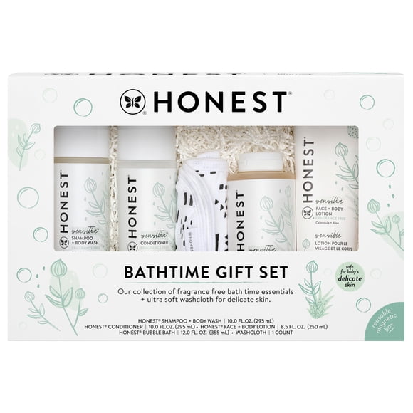 The Honest Company Fragrance Free Bathtime Gift Set | Hypoallergenic Bath Essentials for Sensitive Skin | Shampoo + Body Wash, Face + Body Lotion, Bubble Bath, Conditioner, Wash