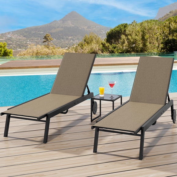 Outdoor Chaise Lounge Set 3 Piece, Adjustable Patio Reclining Chairs with Backrest & Wheels – Poolside Lounger Furniture with Side Table for Garden, Deck, Lawn