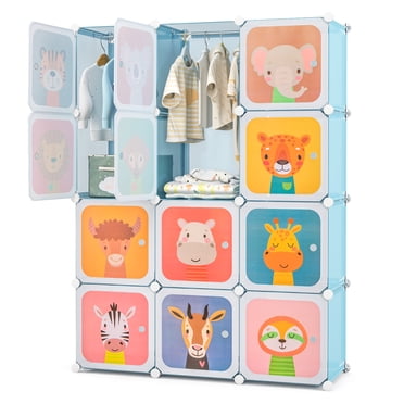 Costway Garde-Robe pour Enfants à 12 Cubes Commode pour Bébé Armoire de Chambre Penderie pour Vêtements avec Porte Bleu