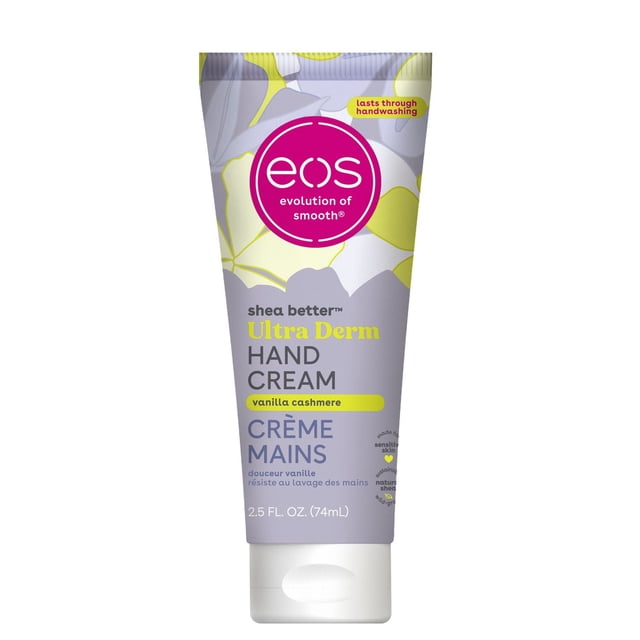 eos Shea Better Ultra Derm Hand Cream, Vanilla Cashmere, 2.5 fl oz (74 mL) tube with purple and yellow floral design, offering 24-hour hydration that lasts through handwashing, made with natural shea butter for sensitive skin.