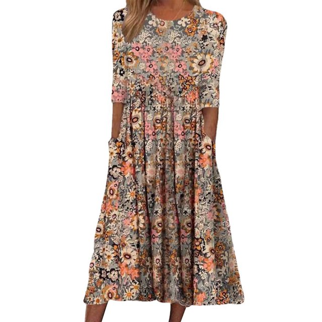 Spring and Summer Printed Round Neck Pullover Mid-Sleeve Casual Dress with Pockets for Women